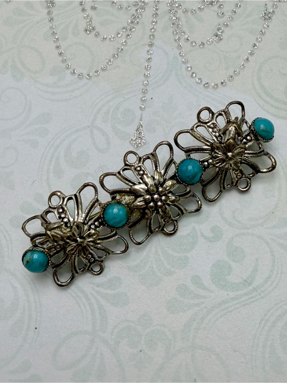 🦃🦃🦃Vintage Turquoise Floral bar Brooch #cz419